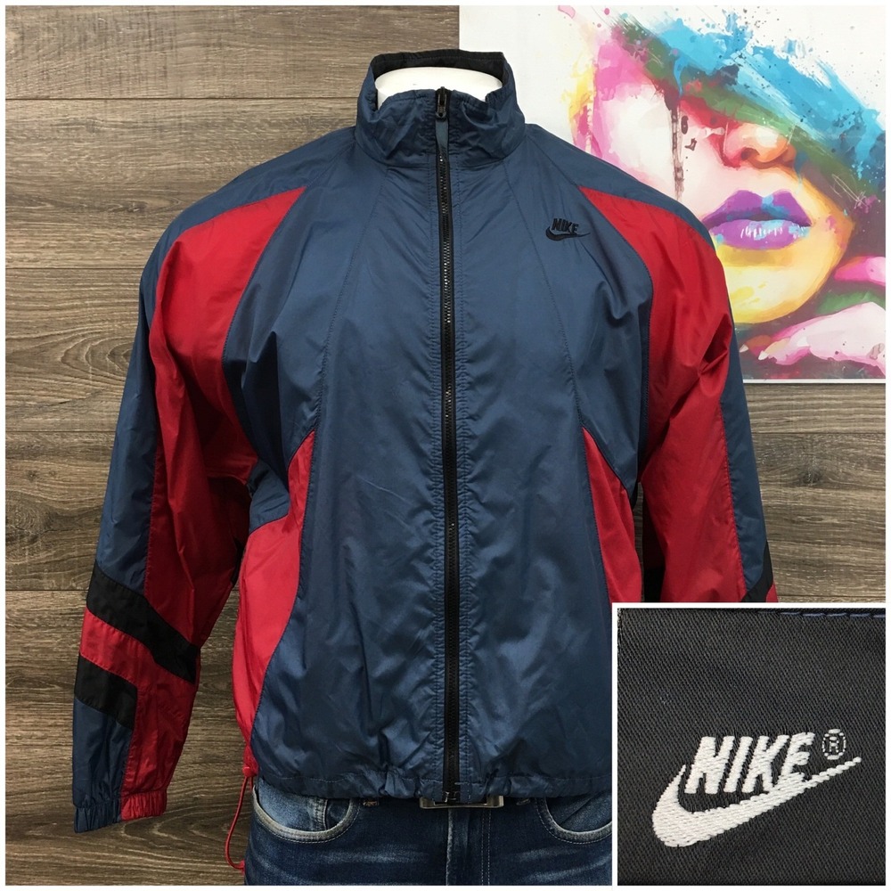 Nike Vintage Light Windbreaker Jacket Mens Medium Gray Red Colorblock Full Zip